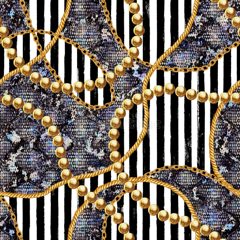Golden chain snakeskin seamless pattern illustration. Watercolor hand drawn fashion snake skin texture with golden chains on striped black and white background. Watercolour print for textile, fabric. Golden chain snakeskin seamless pattern illustration. Watercolor hand drawn fashion snake skin texture with golden chains on striped black and white background. Watercolour print for textile, fabric
